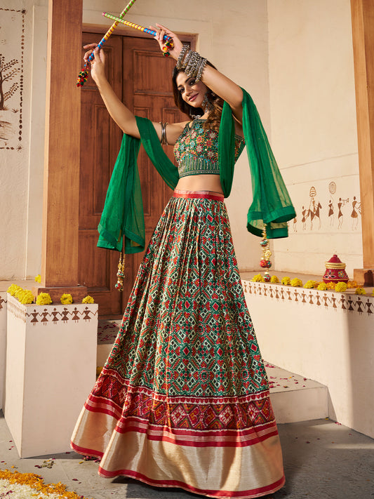 Odette Women Green Silk Printed Semi Stitched Lehenga With Unstitched Blouse