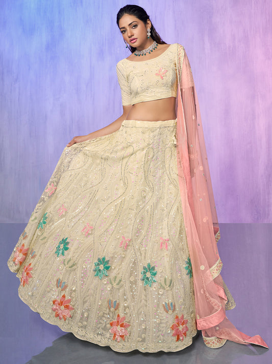 Odette Off White Embroidered Net Semi Stitched Lehenga With Unstitched Blouse For Women