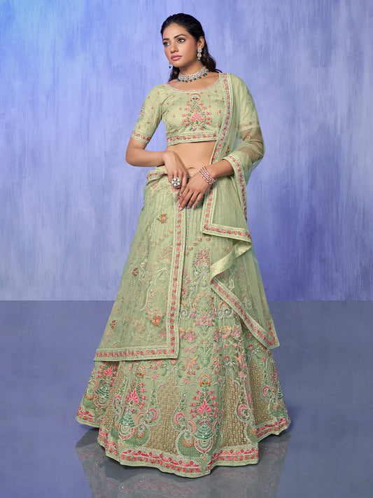 Odette Green Embroidered Net Semi Stitched Lehenga With Unstitched Blouse For Women
