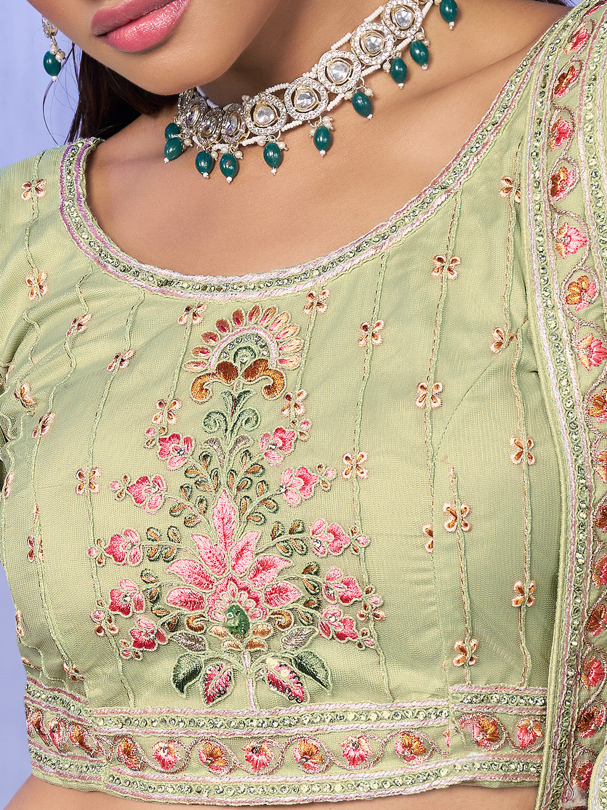 Odette Green Embroidered Net Semi Stitched Lehenga With Unstitched Blouse For Women
