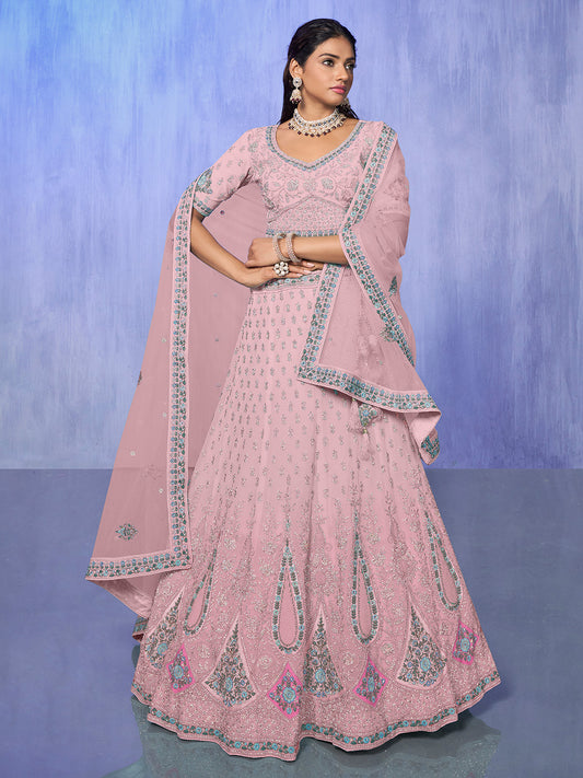 Odette Pink Embroidered Georgette Semi Stitched Lehenga With Unstitched Blouse For Women
