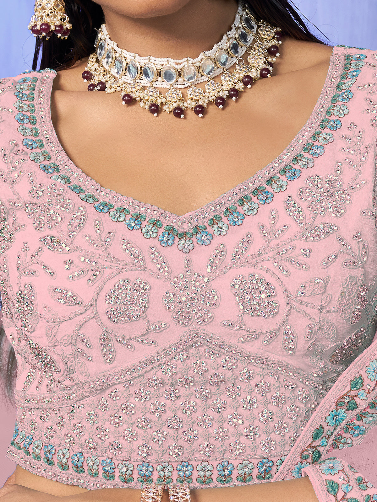 Odette Pink Embroidered Georgette Semi Stitched Lehenga With Unstitched Blouse For Women