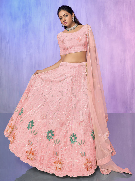 Odette Peach Embroidered Net Semi Stitched Lehenga With Unstitched Blouse For Women