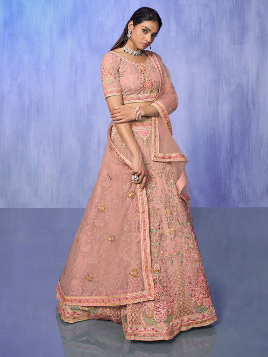 Odette Peach Embroidered Net Semi Stitched Lehenga With Unstitched Blouse For Women