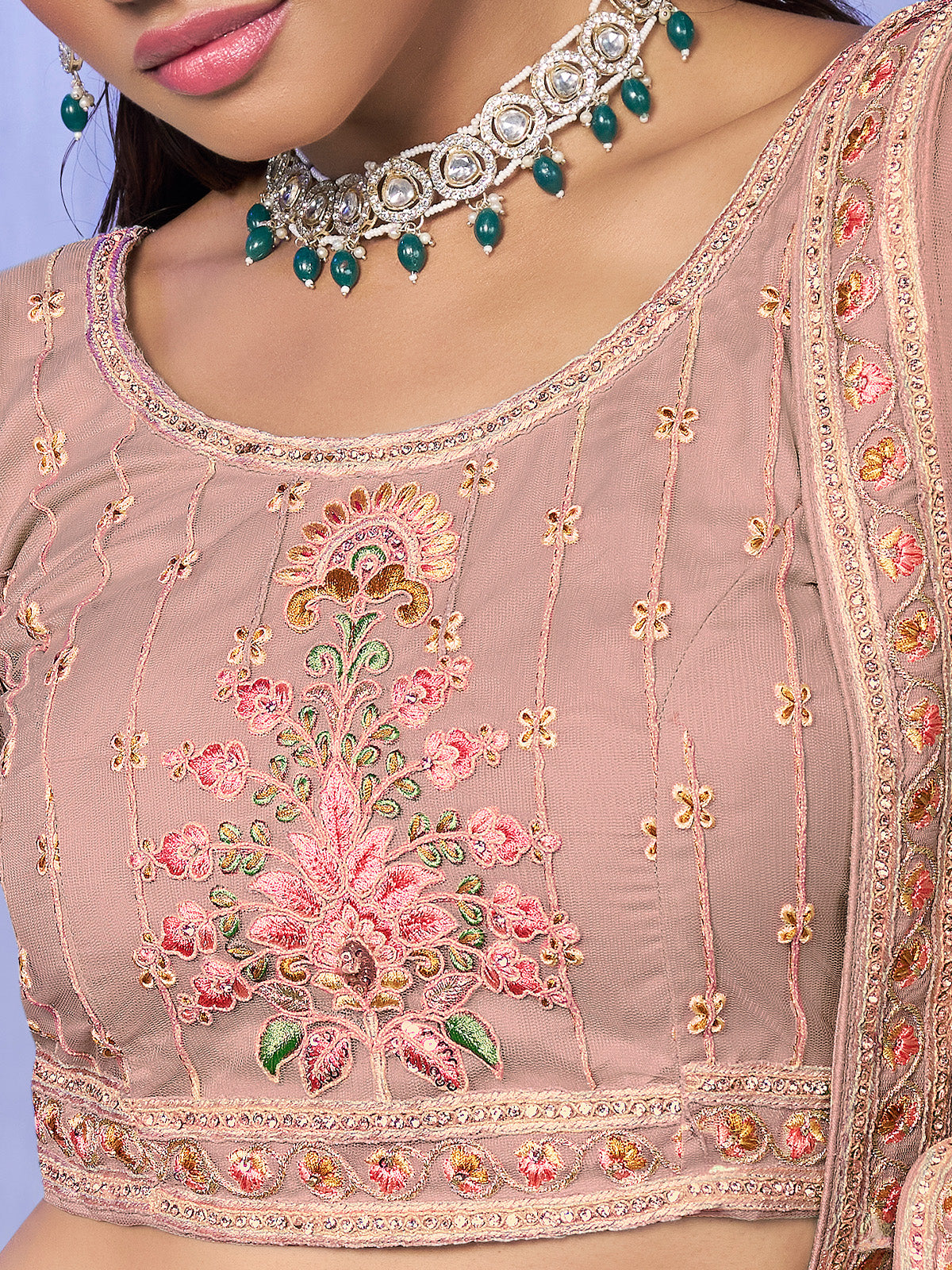 Odette Peach Embroidered Net Semi Stitched Lehenga With Unstitched Blouse For Women