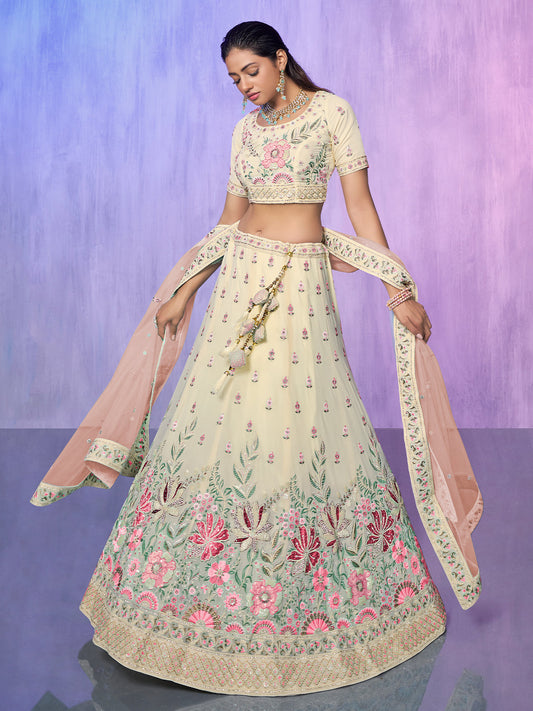 Odette Off White Embroidered Georgette Semi Stitched Lehenga With Unstitched Blouse For Women
