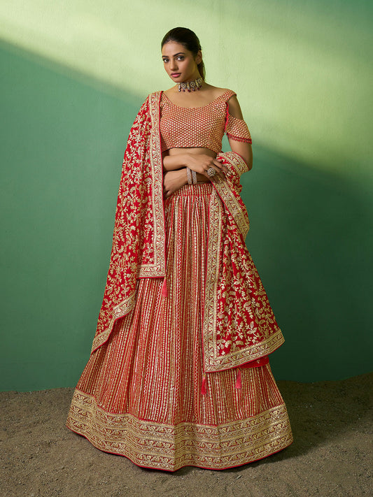 Odette Women Red Embroidered Semi Stitched Lehenga With Unstitched Blouse