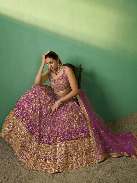 Odette Women Lavender Embroidered Gerorgette Semi Stitched Lehenga With Unstitched Blouse
