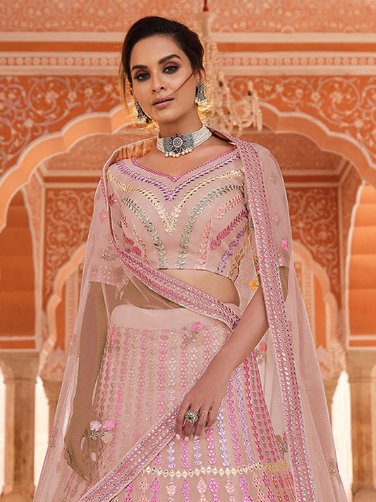 Odette Women Pink Thread, Gota Semi Stitched Lehenga With Unstitched Blouse