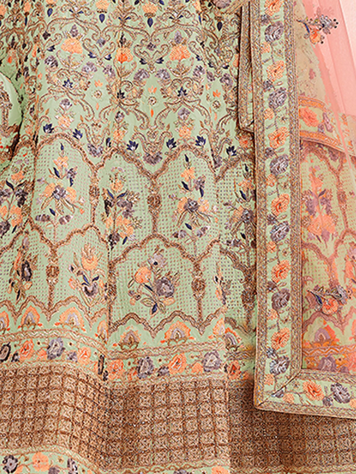 Odette Women Green Embroidered Crepe Semi Stitched Lehenga With Unstitched Blouse