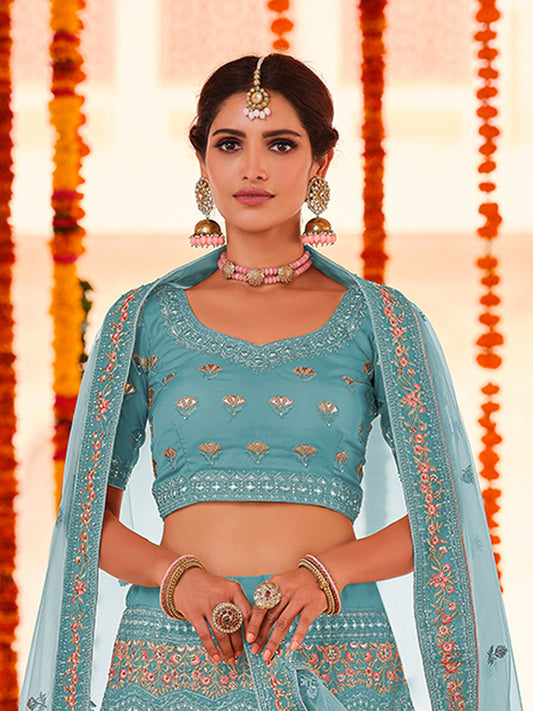 Odette Women Light Blue Embroidered Organza Semi Stitched Lehenga With Unstitched Blouse