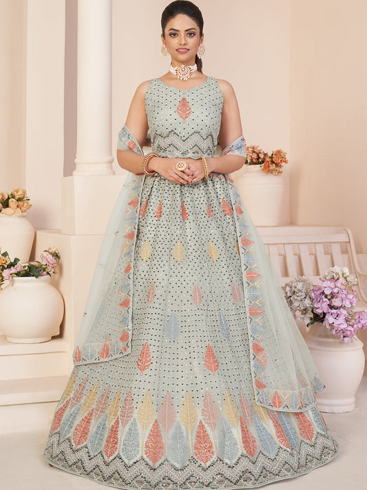 Odette Women Grey Net Embroidered Semi Stitched Lehenga With Unstitched Blouse