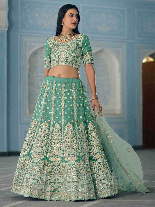 Odette Women Green Sequins Sassy Semi Stitched Lehenga With Unstitched Blouse