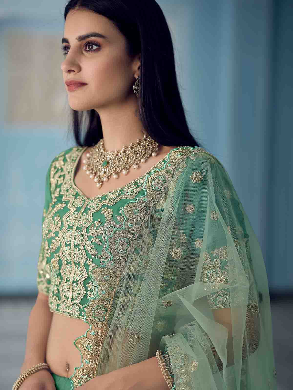 Odette Women Green Sequins Sassy Semi Stitched Lehenga With Unstitched Blouse