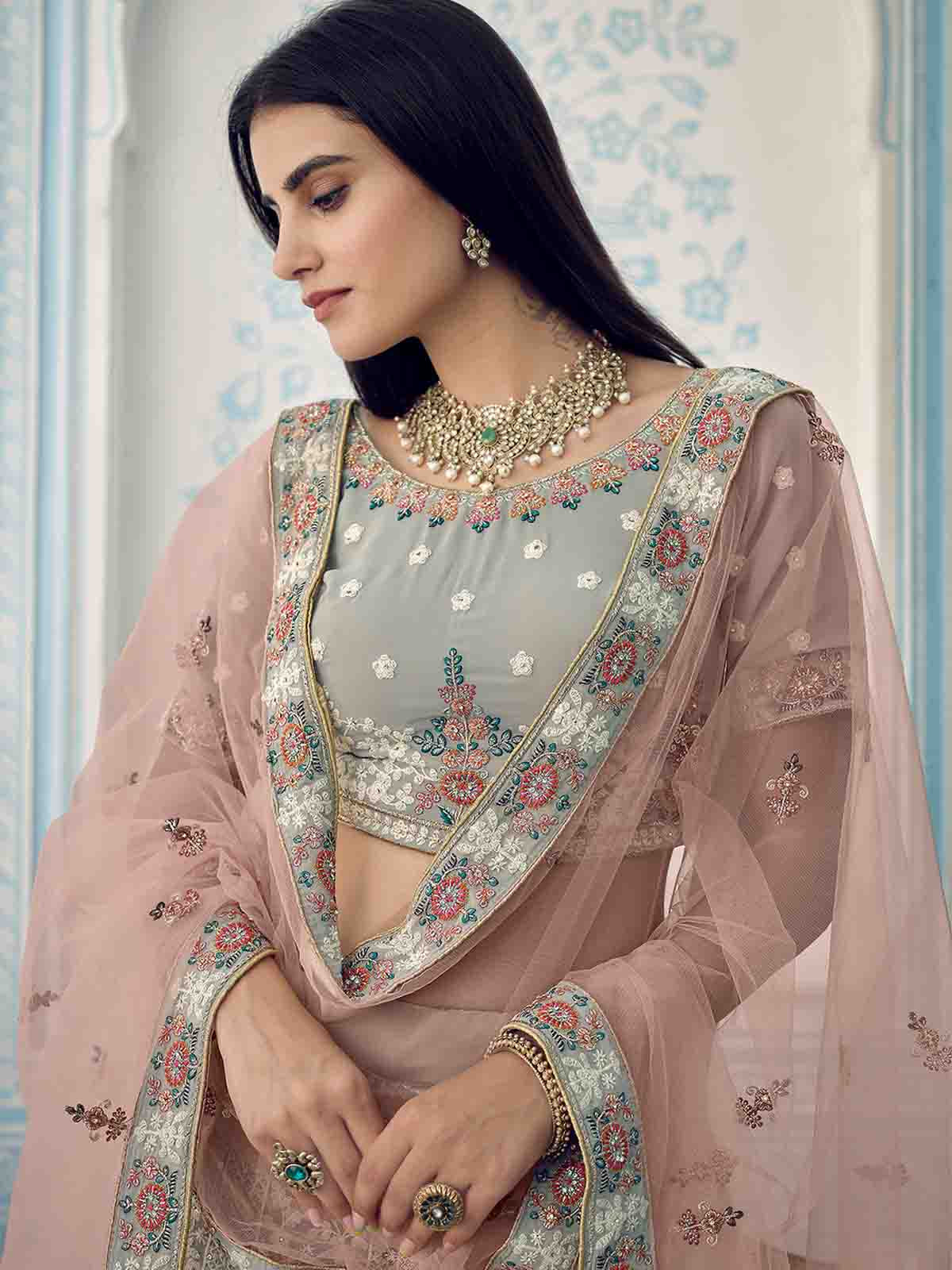 Odette Women Grey Designer Semi Stitched Lehenga With Unstitched Blouse