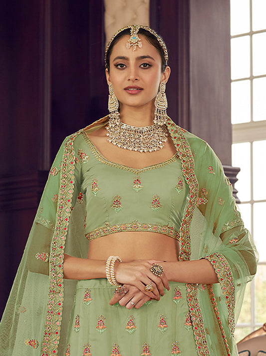 Odette Women Green Organza Semi Stitched Lehenga With Unstitched Blouse