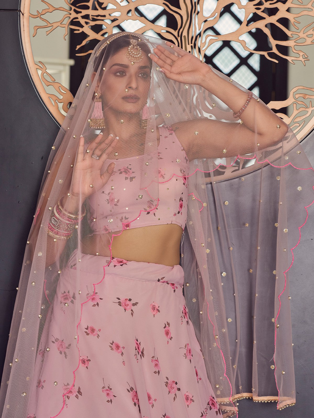 Odette Women Designer Pink Semi Stitched Lehenga With Unstitched Blouse