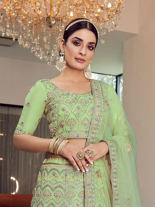 Odette Women Green Embroidered Organza Semi Stitched Lehenga With Unstitched Blouse