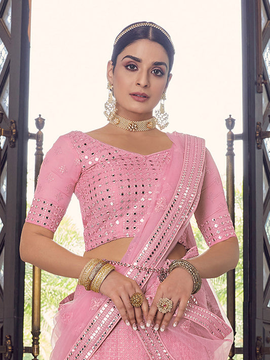 Odette Women Pink Embroidered Georgette Semi Stitched Lehenga With Unstitched Blouse