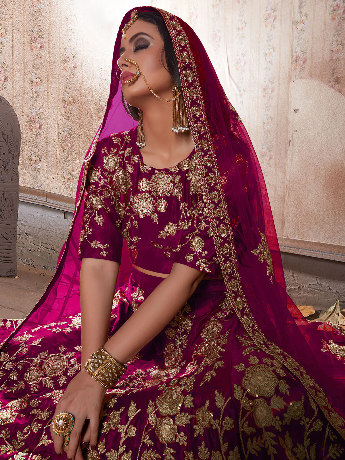 Odette Purple Embroidered Velvet Semi Stitched Lehenga With Blouse For Women