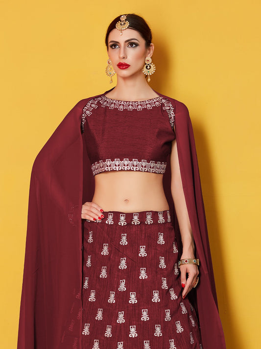 Odette Women Maroon Embroidered Semi Stitched Lehenga With Unstitched Blouse