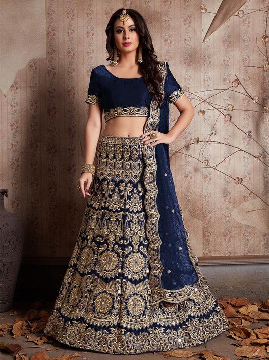 Odette Women Dark Blue Embroidered Semi Stitched Lehenga With Unstitched Blouse