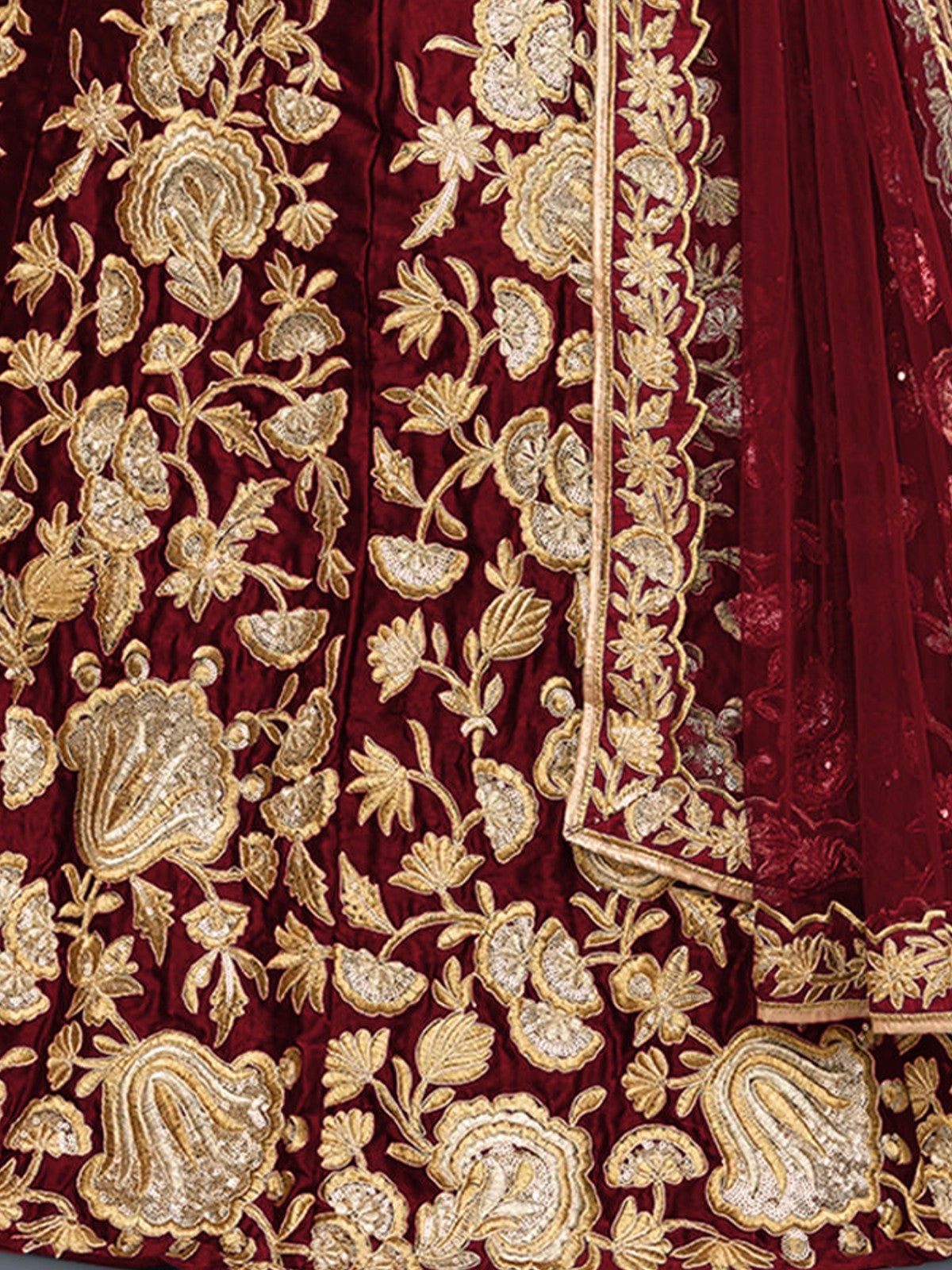 Odette Women Maroon Embroidered Semi Stitched Lehenga With Unstitched Blouse