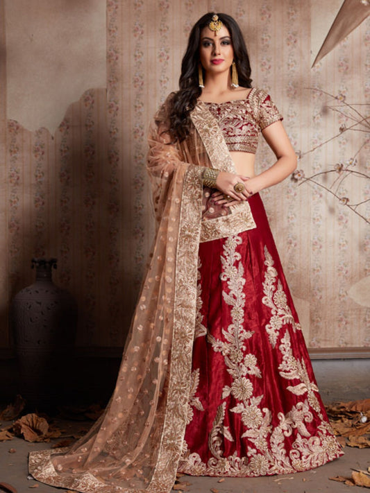 Odette Maroon Velvet Embroidered Semi-Stitched Lehenga With Unstitched Blouse For Women