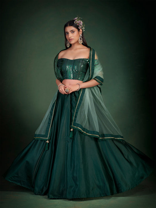 Odette Women Dark Green Embroidered Festive Semi Stitched Lehenga With Unstitched Blouse