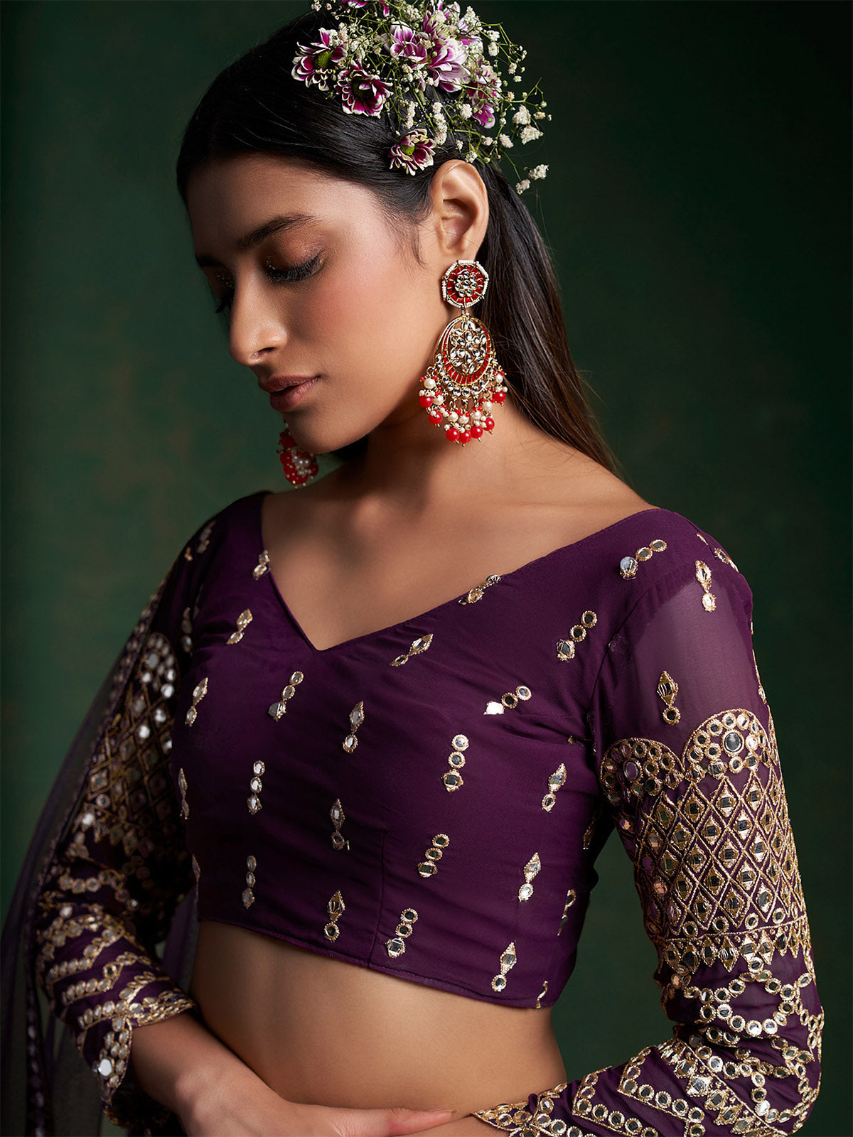 Odette Women Violet Embroidered Bridal Semi Stitched Lehenga With Unstitched Blouse
