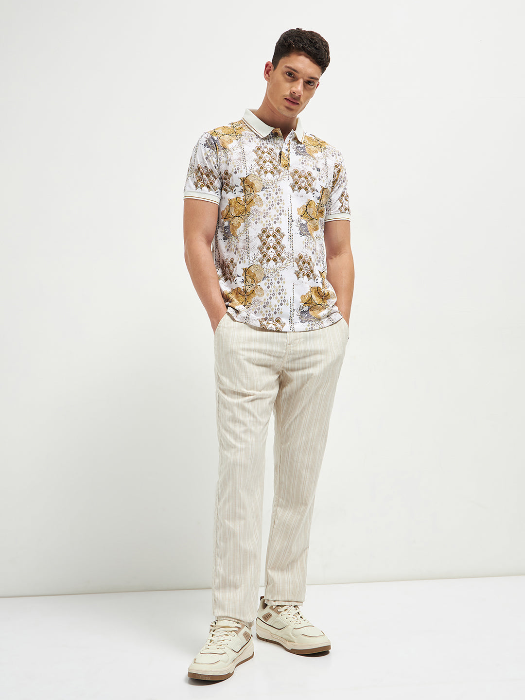 Beige Printed Polo T Shirt
