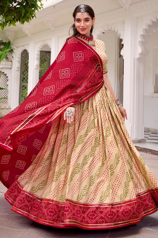 Off White Flared Tussar Silk Printed Chaniya Choli
