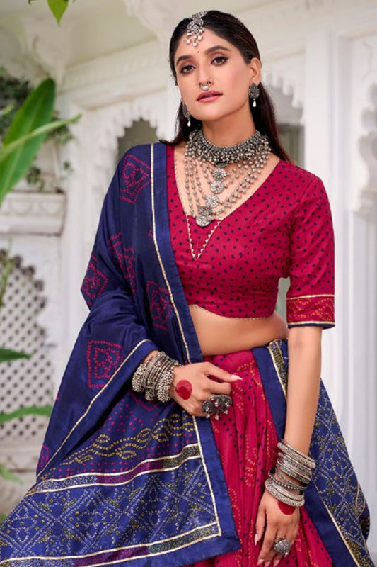 Pink Flared Tussar Silk Printed Chaniya Choli