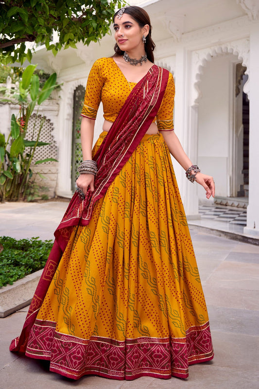 Yellow Flared Tussar Silk Printed Chaniya Choli