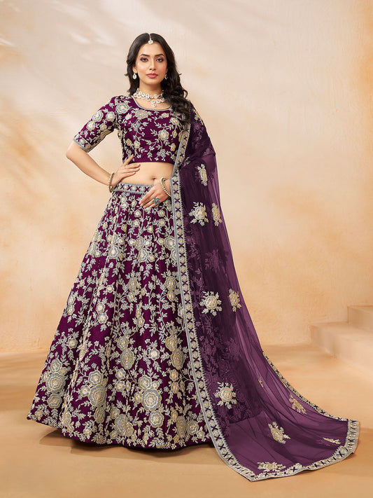 Odette Wine Embroidered Art Silk Semi Stitched Lehenga With Unstitched Blouse For Women