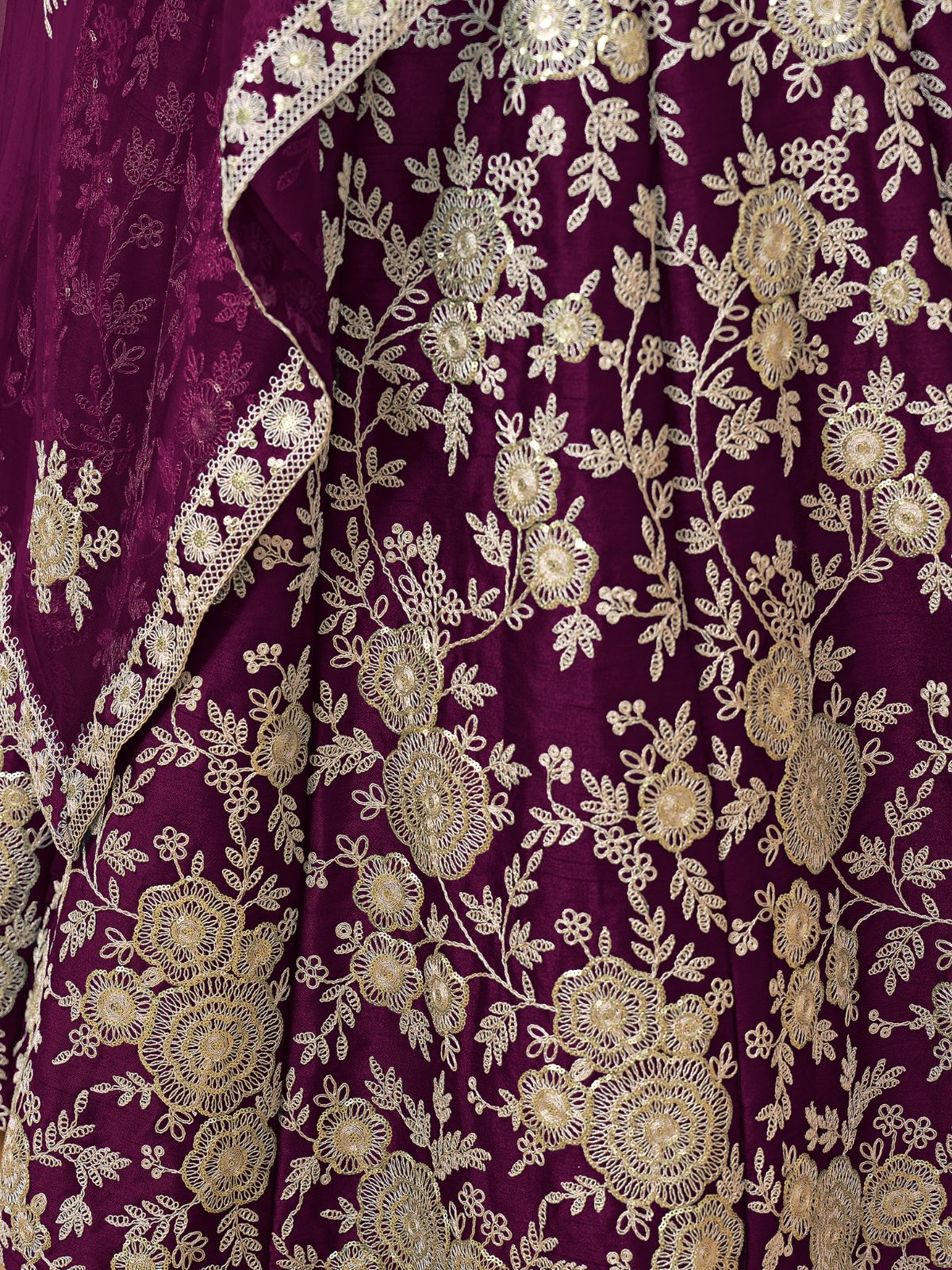 Odette Wine Embroidered Art Silk Semi Stitched Lehenga With Unstitched Blouse For Women