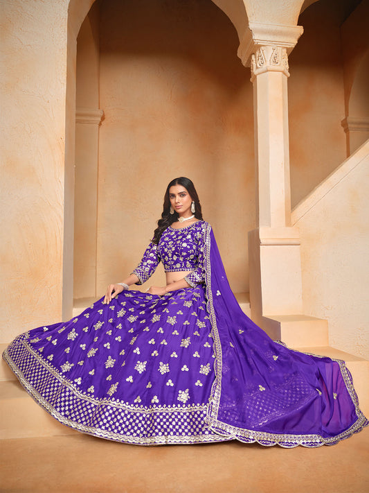 Odette Purple Embroidered Organza Semi Stitched Lehenga With Unstitched Blouse For Women