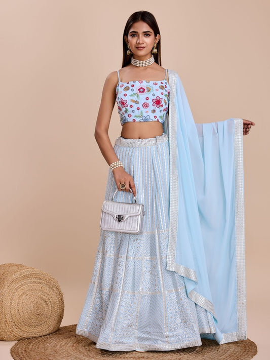 Odette Light Blue Georgette Embroidered Semi-Stitched Lehenga For Women