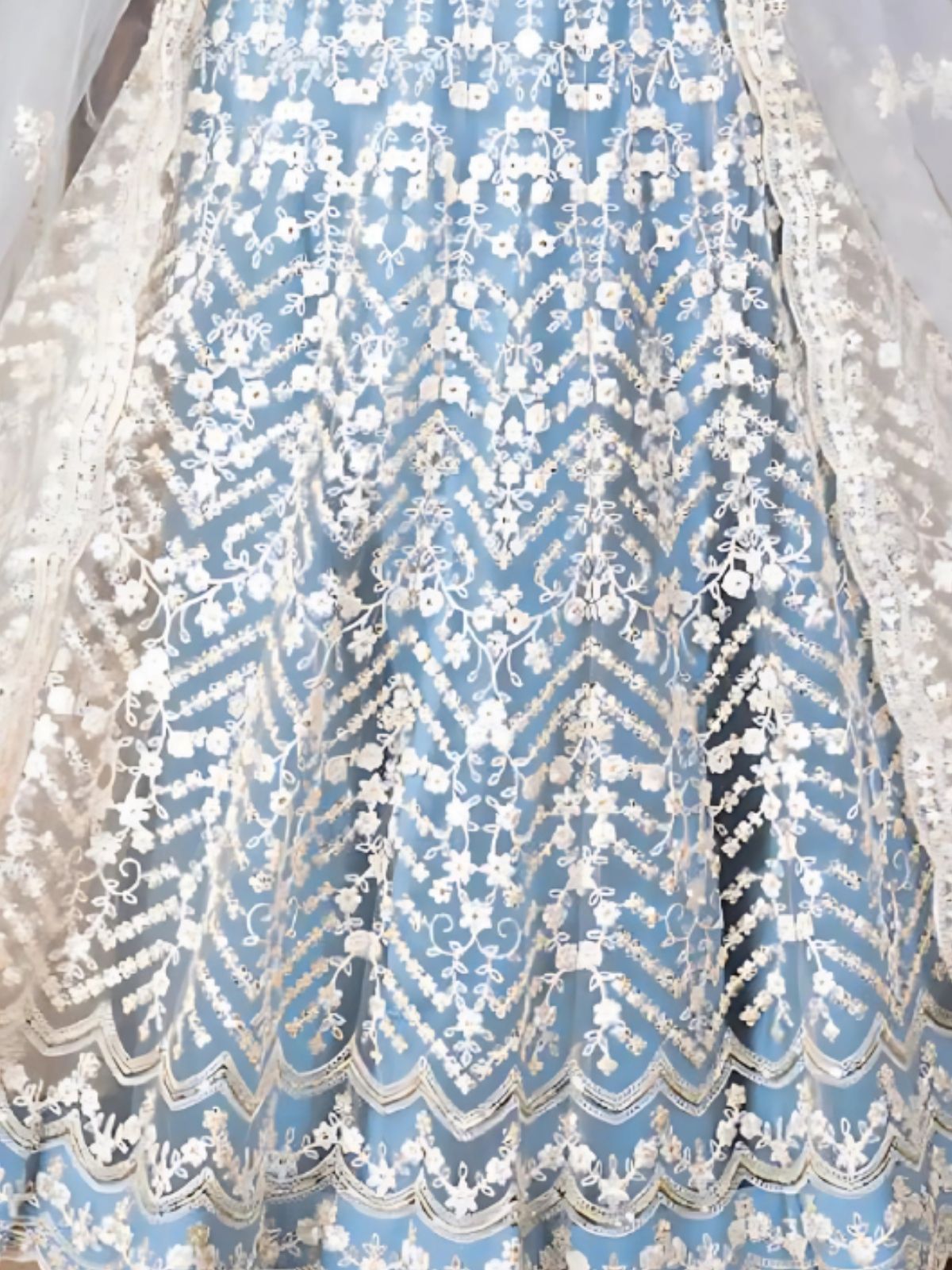 Odette Light Blue Net Embroidered Semi-Stitched Lehenga For Women