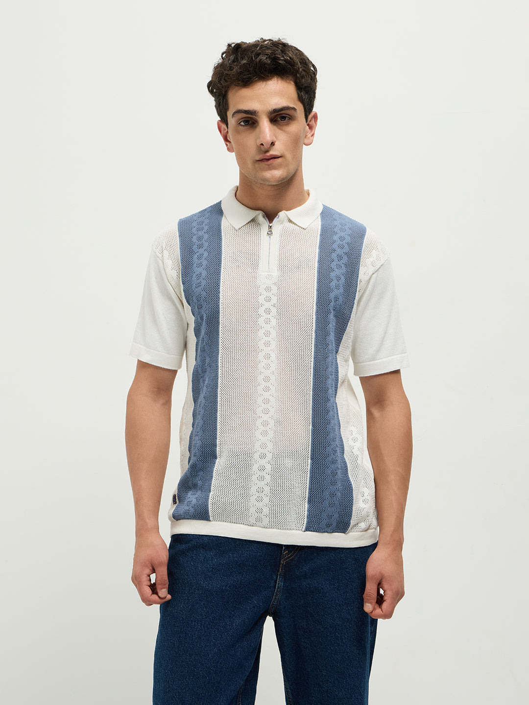 Blue Zipper Stripes Polo T Shirt