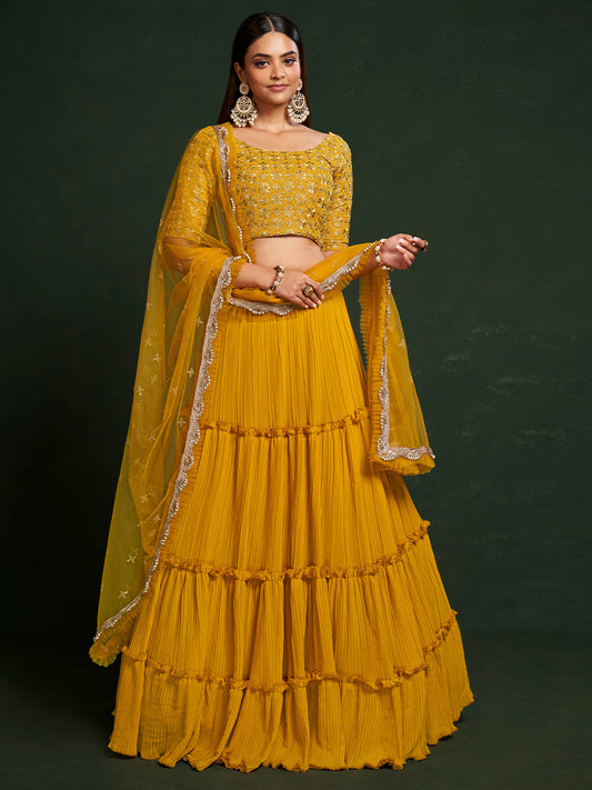 Odette Women Mustard Faux Georgette Embroidered Semi Stitched Lehenga Choli