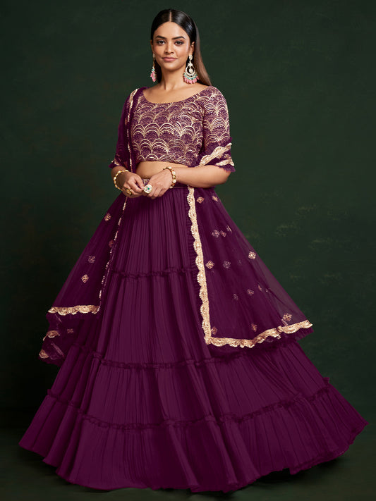 Odette Women Purple Faux Georgette Semi Stitched Lehenga Choli