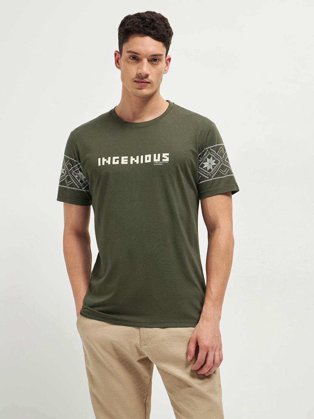 Green Printed Crew Neck T Shirt