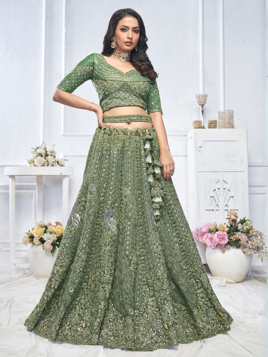 Odette Green Soft Net Embroidered Semi-Stitched Lehenga With Unstitched Blouse For Women