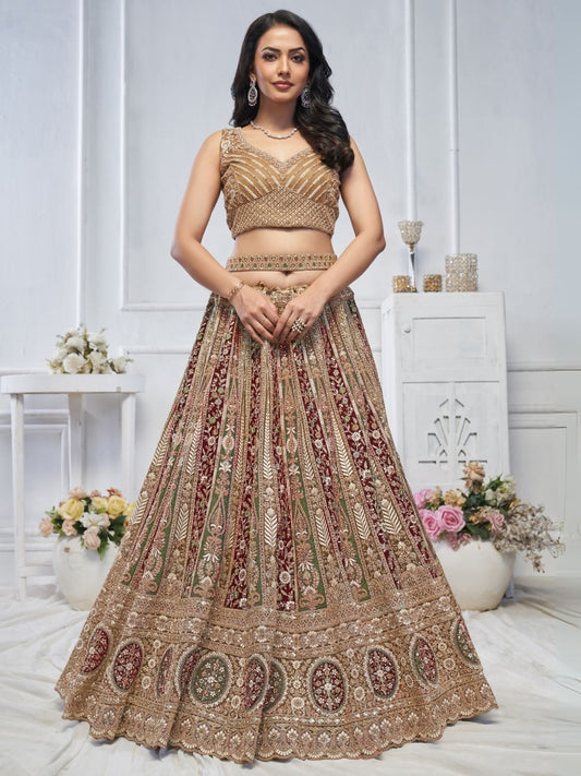 Odette Multicolor Soft Net Embroidered Semi-Stitched Lehenga With Unstitched Blouse For Women