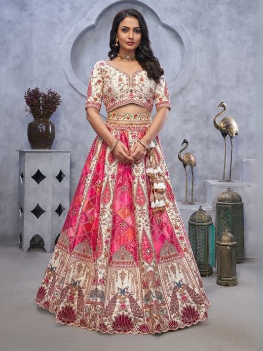 Odette Pink Organza Embroidered Semi-Stitched Lehenga With Unstitched Blouse For Women