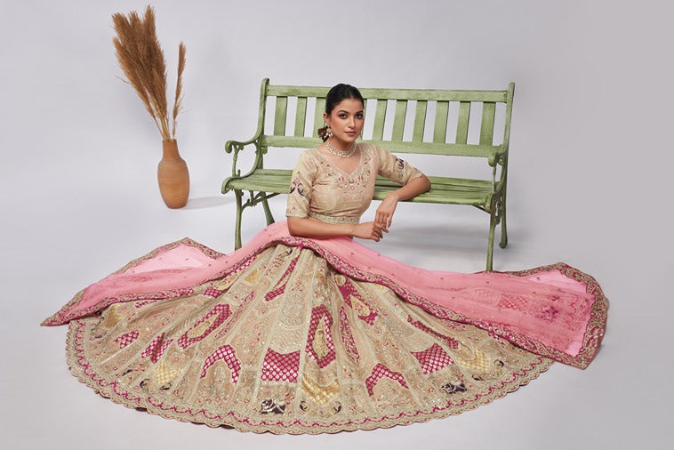 Odette Cream Organza Silk Embroidered Semi Stitched Lehenga With Unstitched Blouse For Women