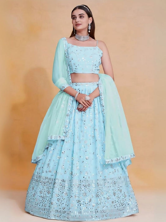 Odette Sky Blue Georgette Embroidered Semi-Stitched Lehenga For Women