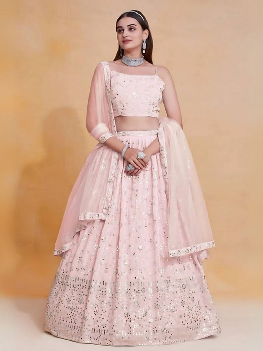 Odette Light Pink Georgette Embroidered Semi-Stitched Lehenga For Women