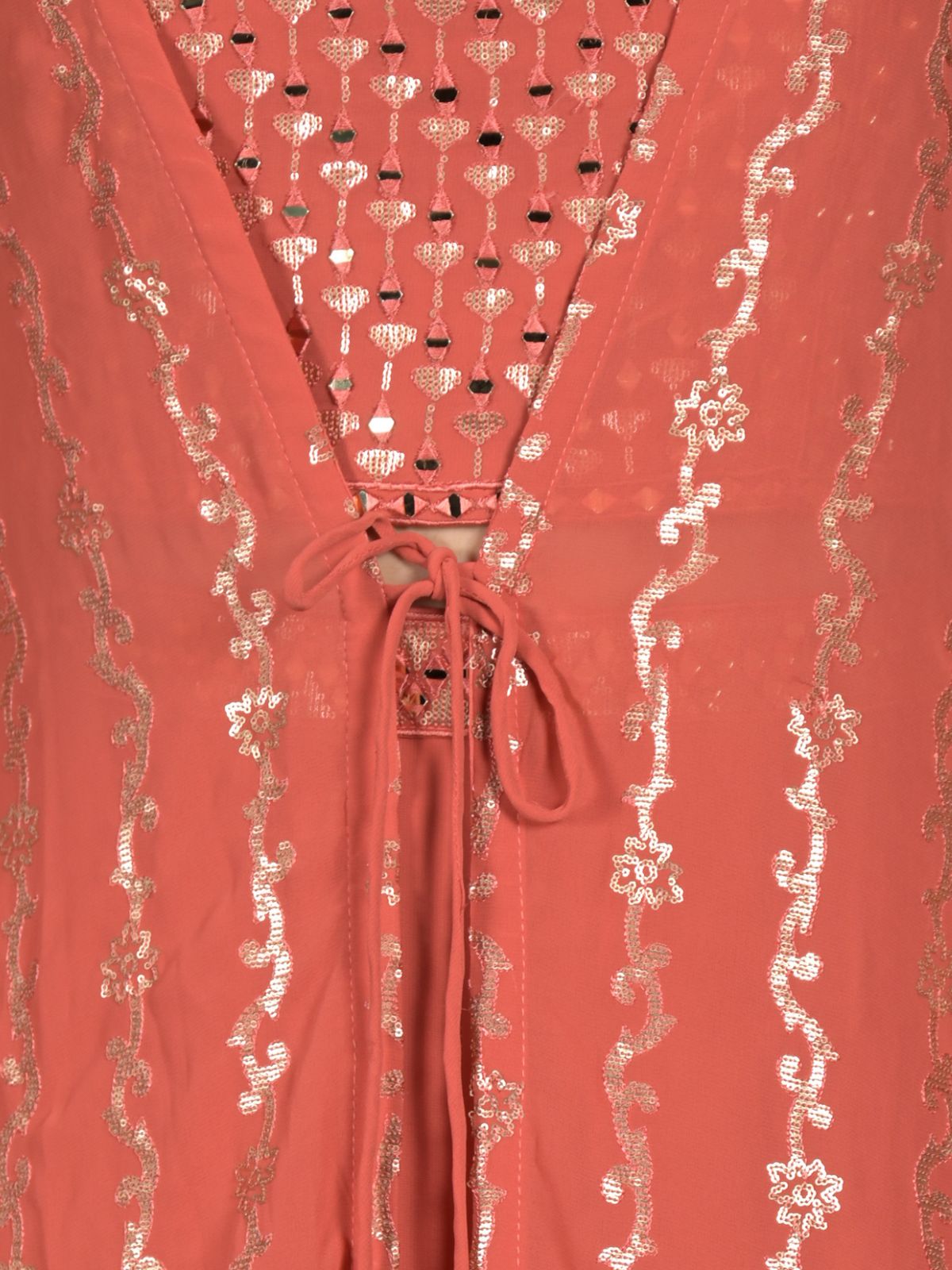 Odette Peach Sequins Embroidered Stitched Lehenga with Stitched Blouse And Shrug For Women